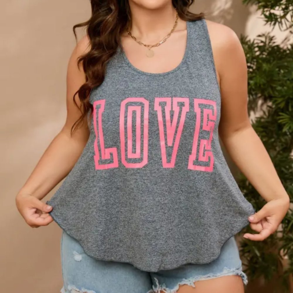 Plus Size 'Love' Letter Print Round Neck Tank Top, Women's Plus Medium Stretch C